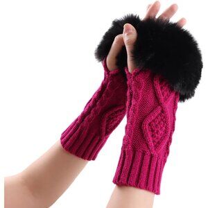 Women's Rose Red Winter Arm Warmers Wrist Thumb Hole Faux Fur Fingerless Gloves